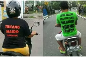 15 Tulisan lucu di kaus pengendara motor ini bikin gagal fokus