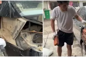 Aksi pria tambal bodi mobil pakai batu bata, hasilnya mengejutkan