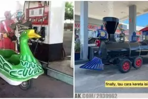 13 Potret kocak kendaraan antre di SPBU ini bikin mikir keras