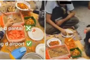 Serasa piknik, satu keluarga makan dan gelar tikar di bandara
