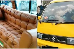 Penampakan angkot miliki interior mewah, berlantai rumput sintetis