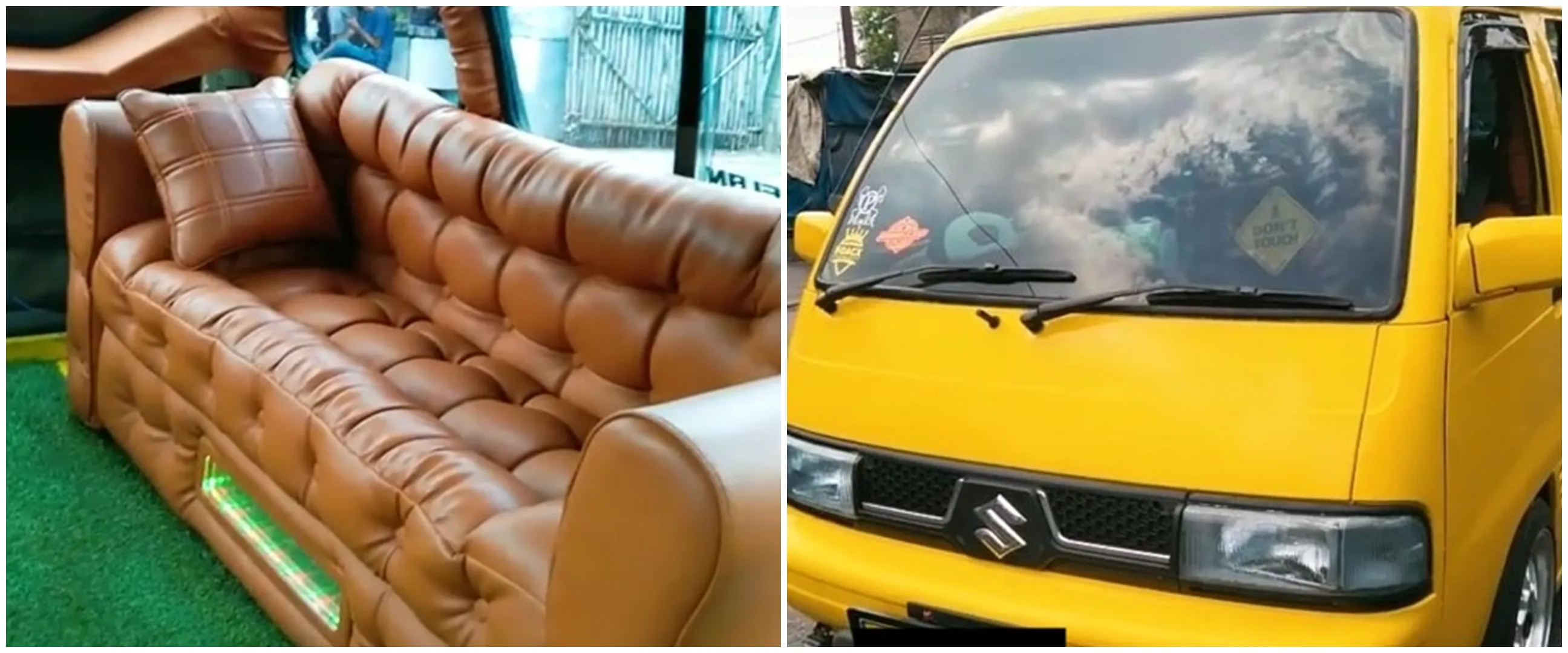 Penampakan angkot miliki interior mewah, berlantai rumput sintetis