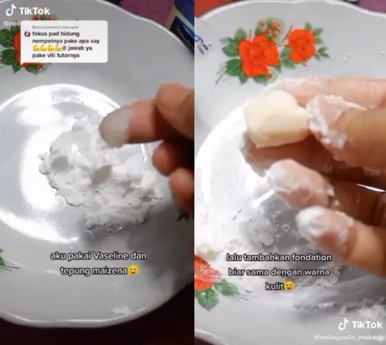 Wanita ini merias pakai campuran tepung © TikTok