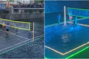 Sekelompok pria bikin turnamen bola voli di atas air, antimainstream