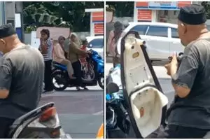 Momen bapak-bapak antre BBM sambil menikmati makanan ini bikin salfok