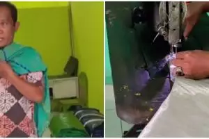 Berteduh kala hujan, wanita ini dijahitkan jas oleh penjual terpal