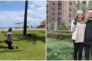 5 Momen Dewi Rezer dilamar kekasih, romantis di pinggir pantai