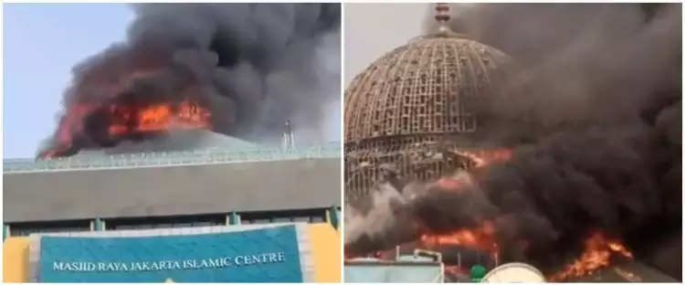 Penampakan kubah Masjid Jakarta Islamic Center terbakar saat renovasi