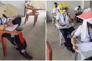 Mahasiswa pakai topi 'antinyontek' saat ujian, bentuknya nyeleneh