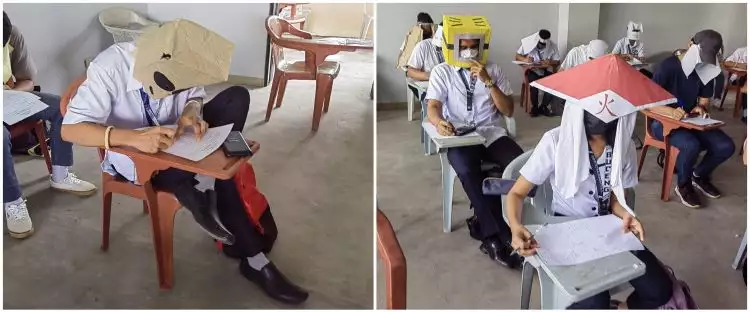Mahasiswa pakai topi 'antinyontek' saat ujian, bentuknya nyeleneh