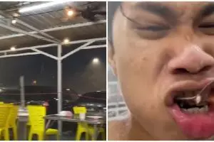 Dua pria ini tetap nikmati makanan saat hujan angin, ekspresinya lucu