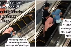 Aksi heroik pria bantu ibu dan anak nyaris jatuh di eskalator, salut
