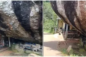 Rumah ini terjepit di samping batu raksasa, penampakannya bikin ngeri