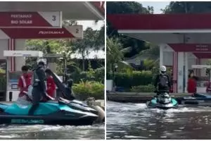 Momen unik orang isi bensin jet ski, pom bensin persis di tepi laut