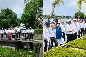 Momen Jokowi ajak pemimpin dunia tanam pohon, bingung pakai cangkul