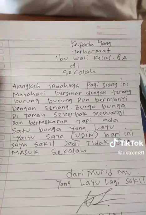 Siswa SMP tulis surat sakit TikTok/@extrem81 Siswa SMP tulis surat sakit TikTok/@extrem81