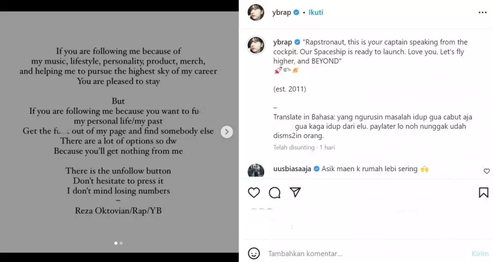 Reza Arap tulis pesan Instagram