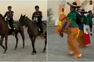 Fans Meksiko ini ikut barisan polisi berkuda Qatar dengan 'kudanya'