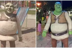 11 Penampakan absurd patung Shrek ini bikin malas melihatnya