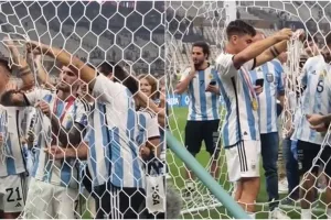 Momen unik selebrasi juara Piala Dunia 2022, para pemain Argentina gunting jala gawang
