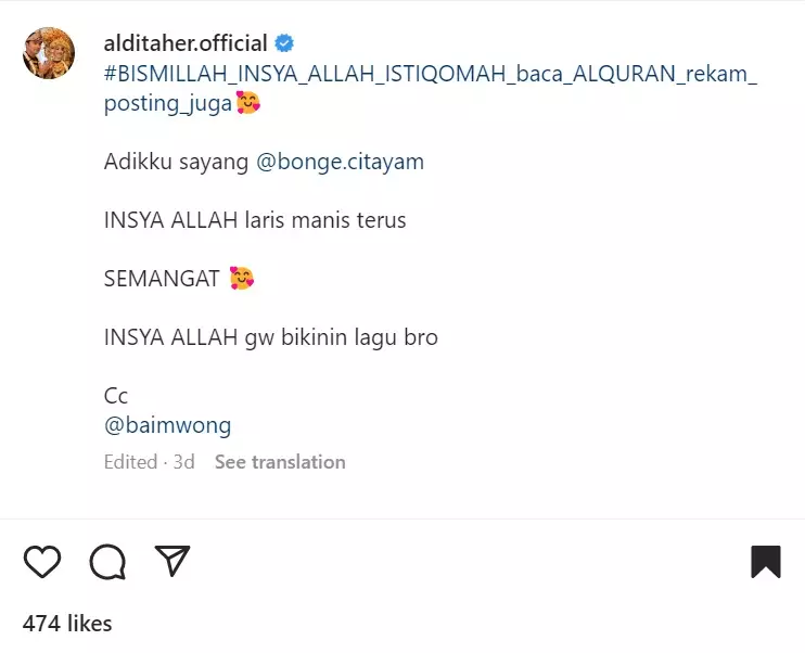 aldi taher beri semangat dan janji buatkan lagu untuk bonge © berbagai sumber