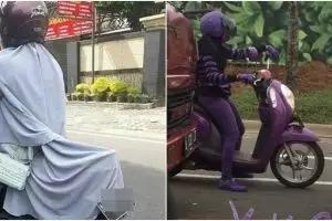 Selalu jadi trendsetter, 11 potret lucu emak-emak naik motor pakai outfit nggak biasa ini kocak
