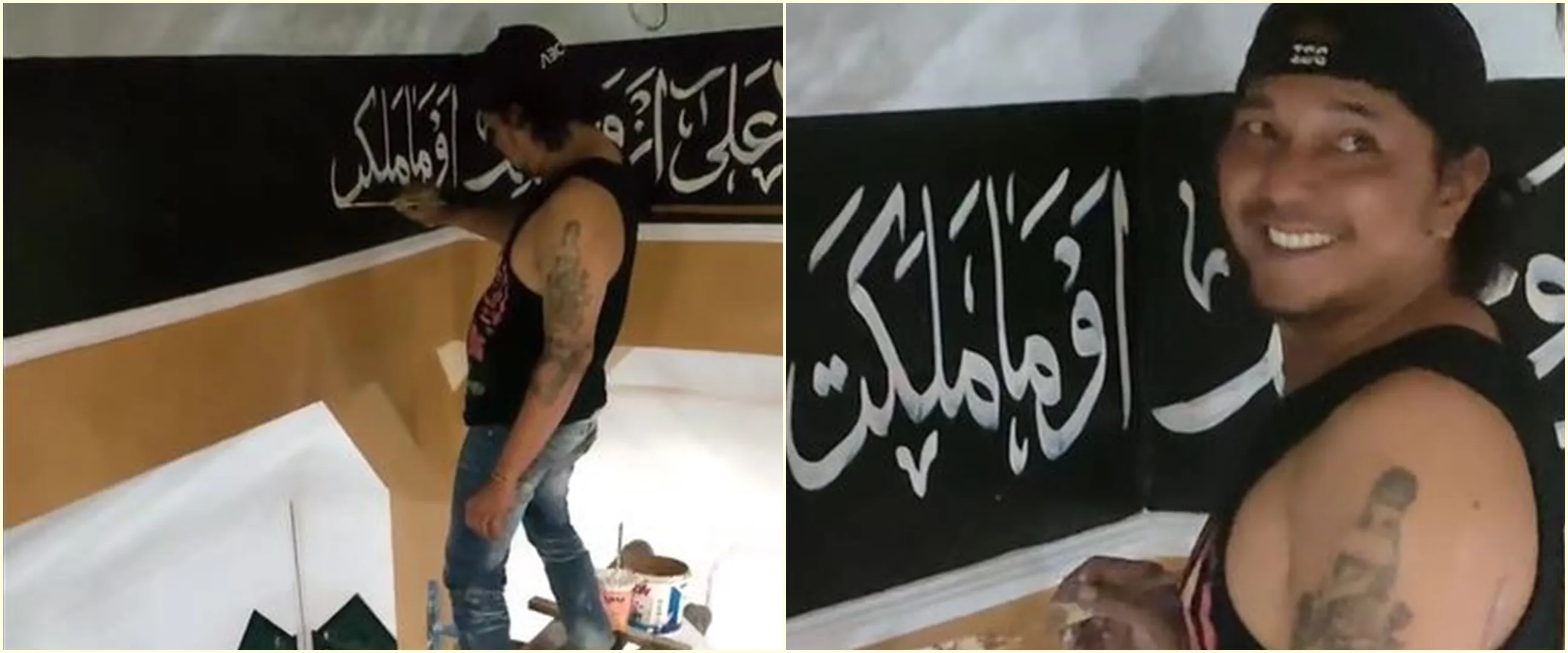 Potret pria bertato jago lukis kaligrafi di masjid, hasil karyanya panen sanjungan