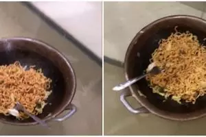 Momen lucu wanita antar mi goreng pakai wajan saat banjir ini bikin geleng kepala