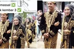Dikira pernikahan massal, ini momen langka 3 perempuan kembar jadi pengantin di satu resepsi