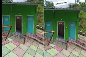 Punya bentuk tak biasa, potret detail toilet umum di tempat wisata ini miring bak bangunan roboh