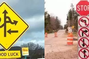 13 Potret plang di jalanan ini penampakannya nyeleneh abis, gambarnya bikin dahi berkerut