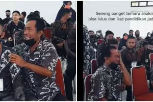 Tangis haru buruh bangunan saat sang putra lolos Tamtama Brimob, tak henti cium kepala sang anak