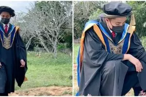 Momen pria pakai toga menangis di makam sang ibu ini bikin terenyuh, ijazah S3 jadi kado