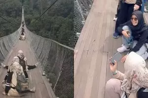Penampakan jembatan gantung di Bandung ini goyang-goyangnya bikin kaki gemetar