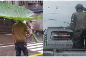 11 Potret kreatif bapak-bapak saat terobos hujan ini bikin nggak habis pikir 