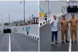 Momen lucu warga saat peresmian underpass Depok, sandal nyangkut karena aspal belum kering