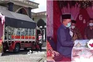 Unik dan nyentrik, pasangan pengantin ini pilih gelar acara akad nikah di dalam truk