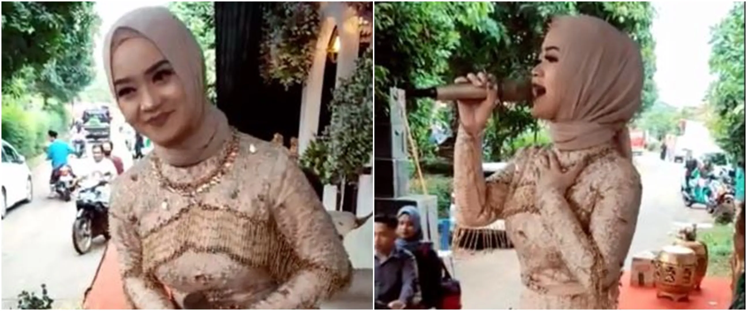 Aksi biduan nyanyi di panggung hajatan nikahan ini antimainstream, disawer drive thru sopir dalam bus