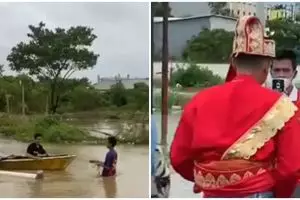 Perjuangan sepasang pengantin menuju tempat akad, terpaksa harus naik perahu karena banjir  