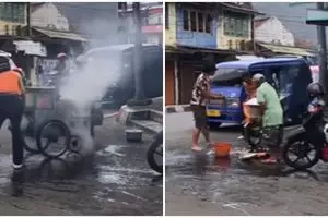 Momen pemuda bantu padamkan gerobak penjual kali lima yang terbakar, aksi heroiknya bikin salut