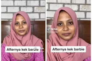 Transformasi wanita punya kantung mata hitam saat dimakeup ini bak Barbie, hasilnya manglingi pol