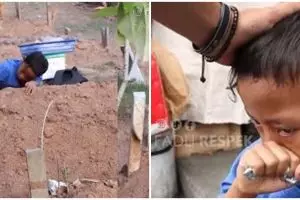 Momen bocah SD mampir ke makam sang ayah sebelum dagang kue keliling ini bikin nyesek 