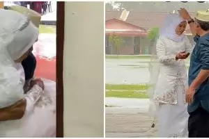 Tak mau sang anak kehujanan, momen seorang ayah gendong putrinya di hari pernikahan ini bikin haru