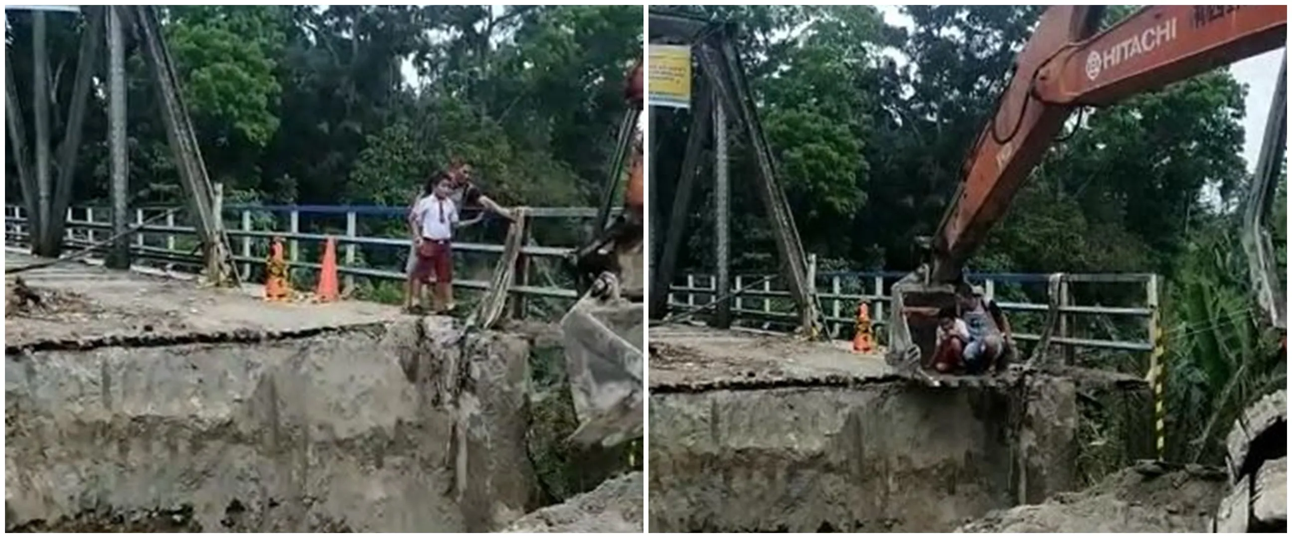 Momen bocah SD ingin berangkat sekolah lewat jembatan putus, dibantu ekskavator untuk menyeberang