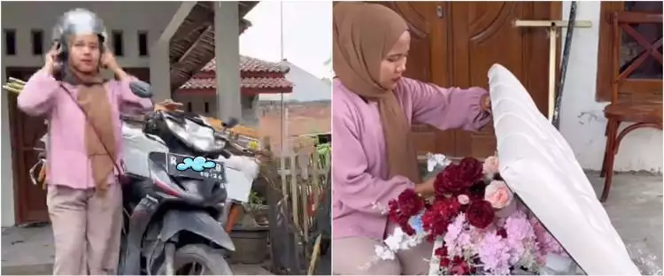 Wanita ini angkut properti pernikahan sendiri pakai motor, hasil dekorasinya tiada tanding