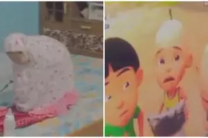 Momen kocak ayah pergoki anaknya salat menghadap tv nonton Upin Ipin, ekspresi malunya kocak abis