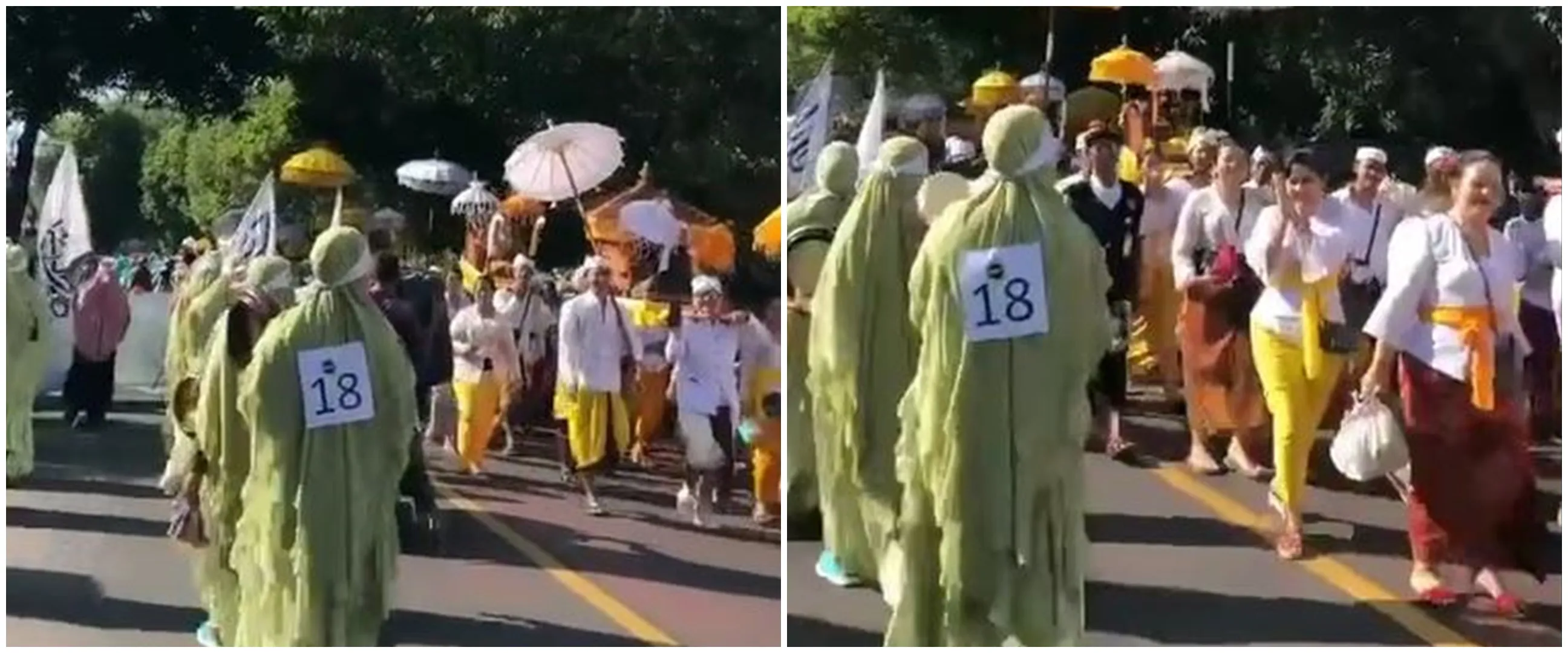 Momen rombongan Muslim & Hindu berpapasan saat pawai ini lihatnya bikin adem, saling sapa dan senyum