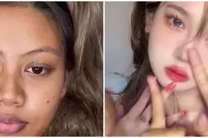 Transformasi gadis berkulit sawo matang makeup ala Douyin ini dikira beda orang, bibir jadi mungil