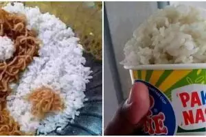 13 Potret lucu makan mi pakai nasi ini porsinya nggak kira-kira