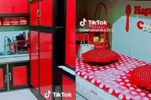 Dapur serba merah penuh perabotan ini rapinya nggak bikin sumpek, bikin semangat masak
